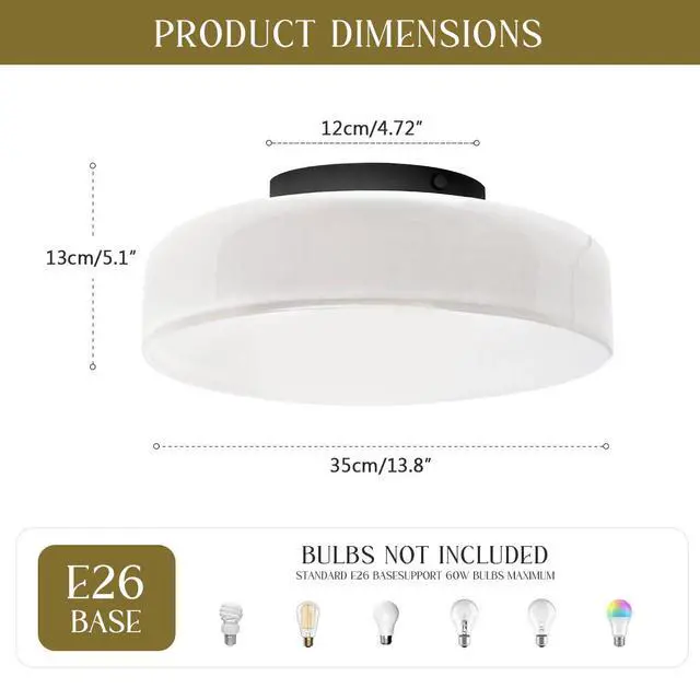 Alt view image 2 of 7 - Vintage Glass Ceiling Light Fixture Modern Flush Mount Ceiling Lights with 13.8" White Round Lamp Shade Black Close to Ceiling Light Fixtures for Bedroom Entryway Hallway Porch Foyer