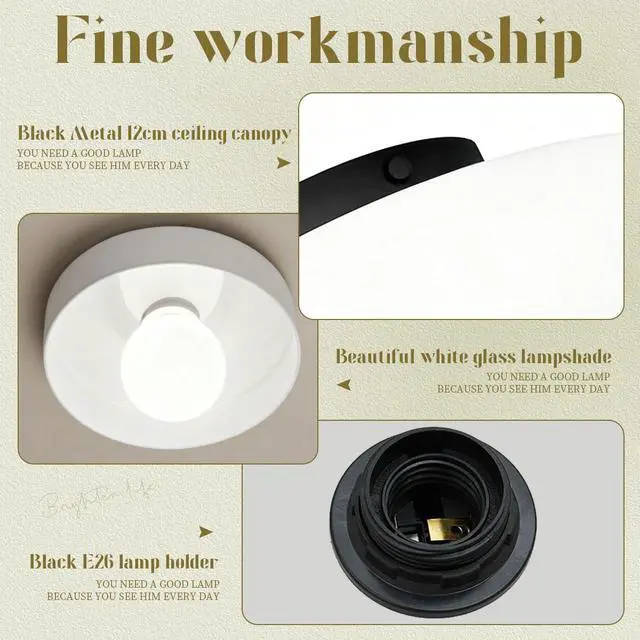 Alt view image 3 of 7 - Vintage Glass Ceiling Light Fixture Modern Flush Mount Ceiling Lights with 13.8" White Round Lamp Shade Black Close to Ceiling Light Fixtures for Bedroom Entryway Hallway Porch Foyer