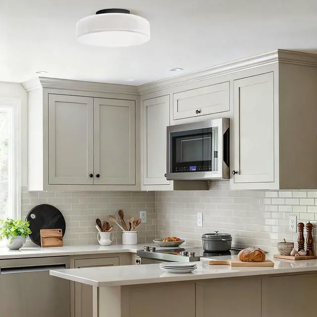 Alt view image 4 of 7 - Vintage Glass Ceiling Light Fixture Modern Flush Mount Ceiling Lights with 13.8" White Round Lamp Shade Black Close to Ceiling Light Fixtures for Bedroom Entryway Hallway Porch Foyer