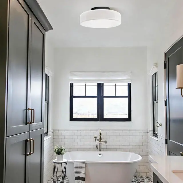 Alt view image 5 of 7 - Vintage Glass Ceiling Light Fixture Modern Flush Mount Ceiling Lights with 13.8" White Round Lamp Shade Black Close to Ceiling Light Fixtures for Bedroom Entryway Hallway Porch Foyer