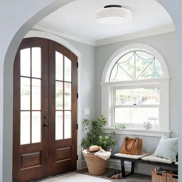 Alt view image 7 of 7 - Vintage Glass Ceiling Light Fixture Modern Flush Mount Ceiling Lights with 13.8" White Round Lamp Shade Black Close to Ceiling Light Fixtures for Bedroom Entryway Hallway Porch Foyer