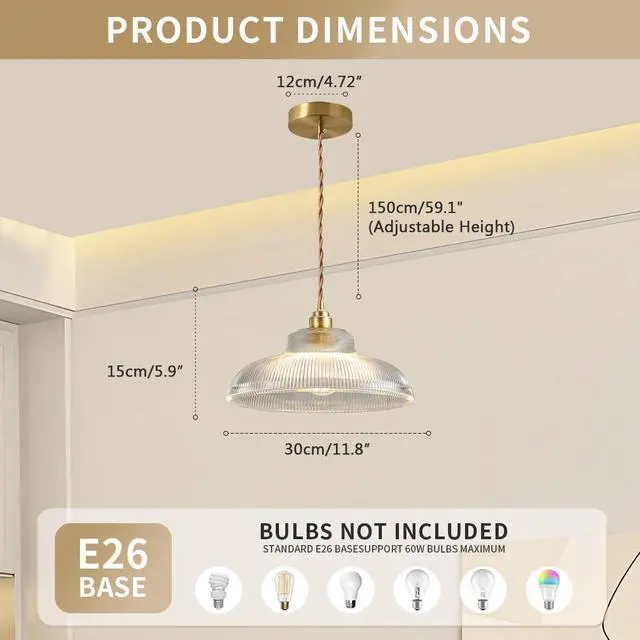 Alt view image 2 of 7 - Small Glass Pendant Light Fixtures One-Light Gold Brass Dining Room Decor mid Century Modern Hanging Pendant Lamp Clear Dome Shade Striped Light Fixture for Kitchen Island