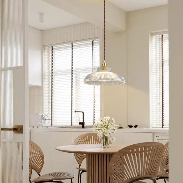 Alt view image 4 of 7 - Small Glass Pendant Light Fixtures One-Light Gold Brass Dining Room Decor mid Century Modern Hanging Pendant Lamp Clear Dome Shade Striped Light Fixture for Kitchen Island