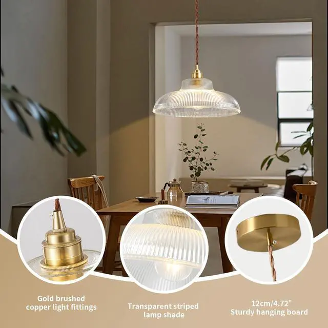 Alt view image 3 of 7 - Small Glass Pendant Light Fixtures One-Light Gold Brass Dining Room Decor mid Century Modern Hanging Pendant Lamp Clear Dome Shade Striped Light Fixture for Kitchen Island