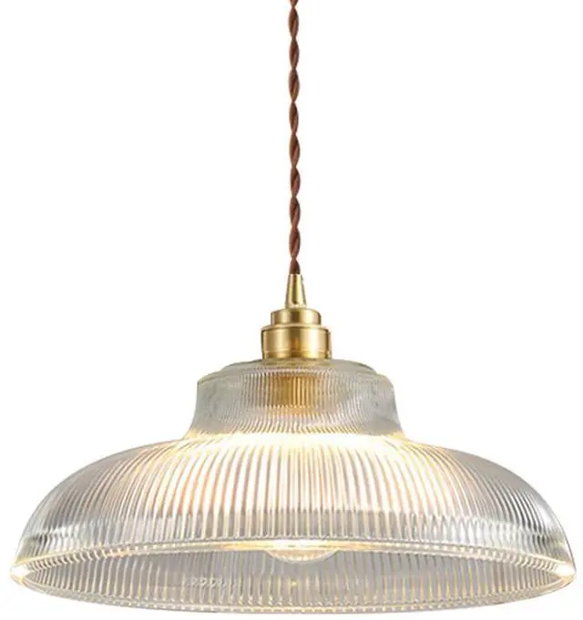 Main image of Small Glass Pendant Light Fixtures One-Light Gold Brass Dining Room Decor mid Century Modern Hanging Pendant Lamp Clear Dome Shade Striped Light Fixture for Kitchen Island