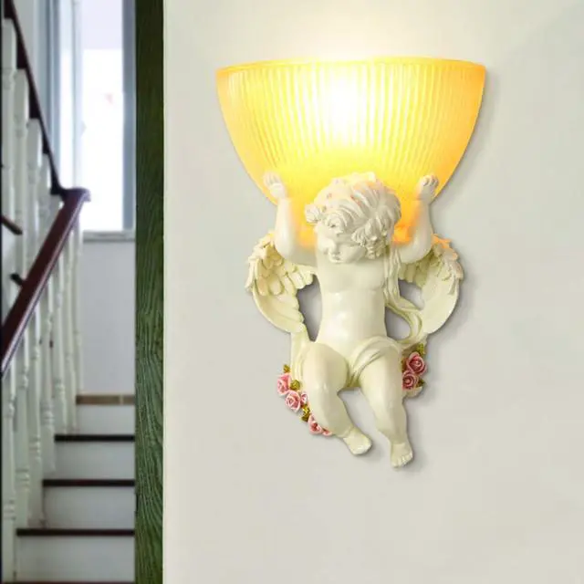Alt view image 2 of 7 - White Wall Sconce Vintage Glass Wall Sconces Lights Creative Wall Light with Frosted Glass Shade Resin Angel Baby Design Modern Wall Light for Living Room Hallway Bedroom Bathroom