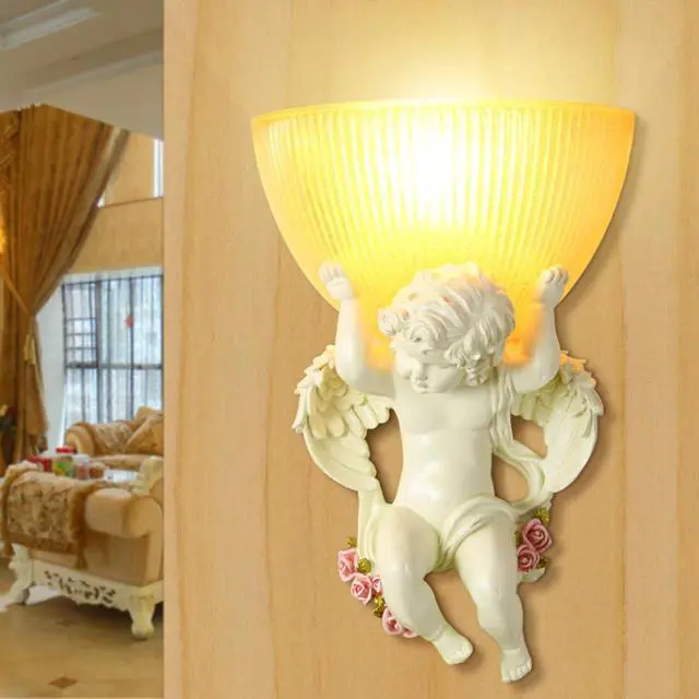 Alt view image 3 of 7 - White Wall Sconce Vintage Glass Wall Sconces Lights Creative Wall Light with Frosted Glass Shade Resin Angel Baby Design Modern Wall Light for Living Room Hallway Bedroom Bathroom
