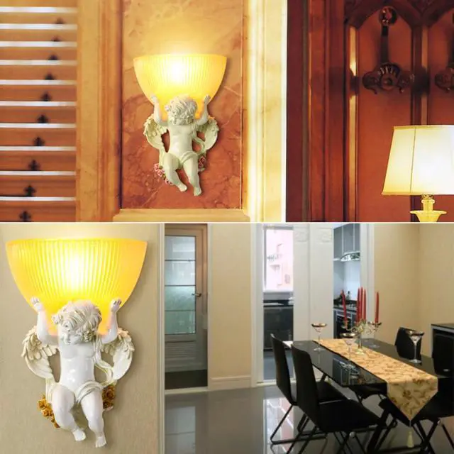Alt view image 4 of 7 - White Wall Sconce Vintage Glass Wall Sconces Lights Creative Wall Light with Frosted Glass Shade Resin Angel Baby Design Modern Wall Light for Living Room Hallway Bedroom Bathroom