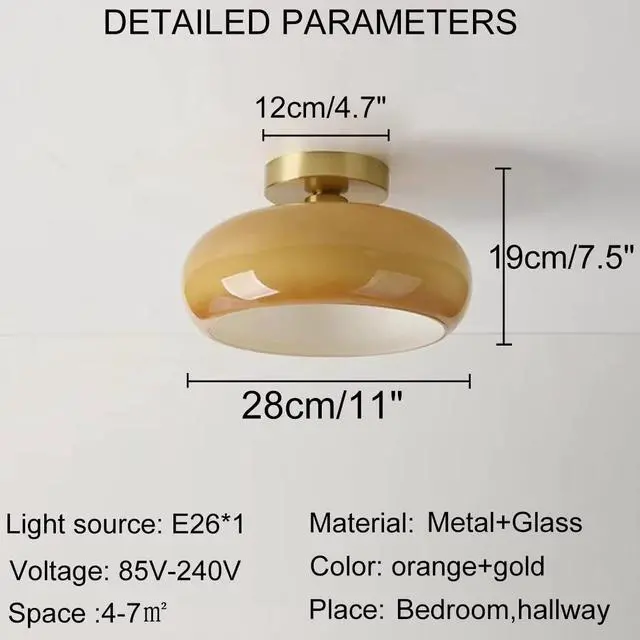 Alt view image 2 of 7 - Orange Ceiling Lamp Milk Glass Flush Mount Ceiling Light Fixture Brushed Brass with Round Dome Glass Shade Mid Century Modern Ceiling Light for Bedroom Entryway Hallway Porch Foyer
