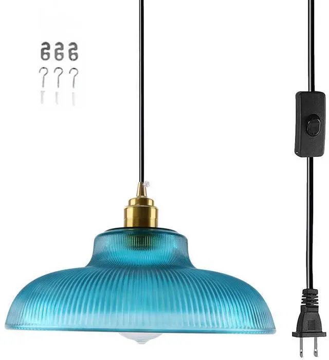 Main image of Blue Glass Hanging Lamp Plug in Pendant Light Vintage Plug in Light | 14.7 ft cord On/Off Switch Modern Industrial Hanging Pendant Lamp Swag in Chandelier Ceiling Fixture Living Room Dining room