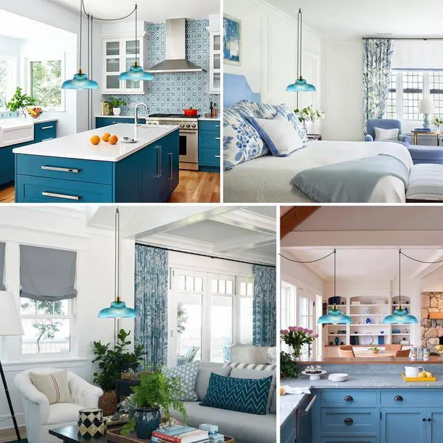 Alt view image 5 of 7 - Blue Glass Hanging Lamp Plug in Pendant Light Vintage Plug in Light | 14.7 ft cord On/Off Switch Modern Industrial Hanging Pendant Lamp Swag in Chandelier Ceiling Fixture Living Room Dining room