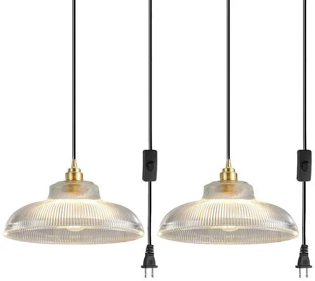 Main image of Glass Plug in Pendant Light Mid Century Gold Swag Hanging Lamp with 14.7 ft Cord On/Off Switch Clear Glass Dome Shade Vintage Plugin Ceiling Light Kitchen Living Dining Room