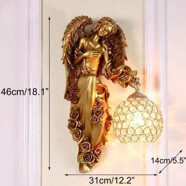 Alt view image 2 of 7 - Antique Gold Wall Sconce Vintage Wall Lights Unique Left and Right Angel Resin Shape Retro Sconces with Baroque Crystal Shade Modern Wall Mount Lamp for Bedroom Living Room Hotel
