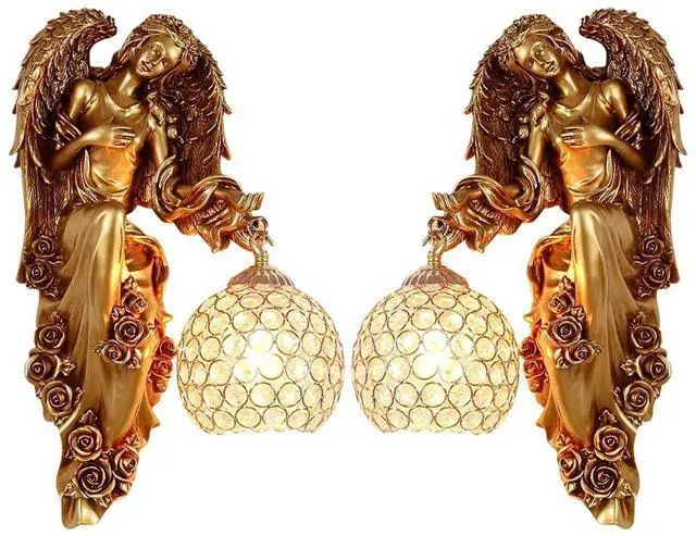 Main image of Antique Gold Wall Sconce Vintage Wall Lights Unique Left and Right Angel Resin Shape Retro Sconces with Baroque Crystal Shade Modern Wall Mount Lamp for Bedroom Living Room Hotel