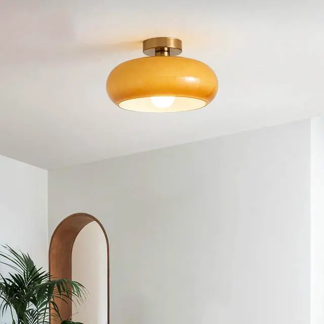 Alt view image 6 of 7 - Orange Ceiling Lamp Milk Glass Flush Mount Ceiling Light Fixture Brushed Brass with Round Dome Glass Shade Mid Century Modern Ceiling Light for Bedroom Entryway Hallway Porch Foyer