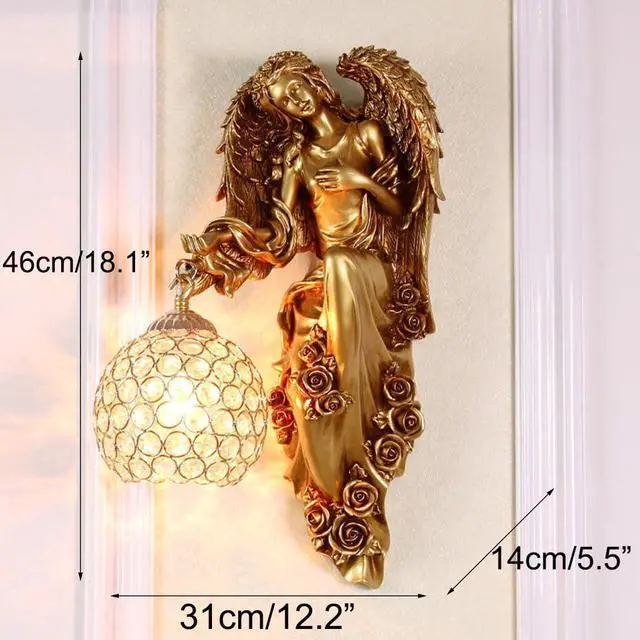 Alt view image 3 of 7 - Antique Gold Wall Sconce Vintage Wall Lights Unique Left and Right Angel Resin Shape Retro Sconces with Baroque Crystal Shade Modern Wall Mount Lamp for Bedroom Living Room Hotel