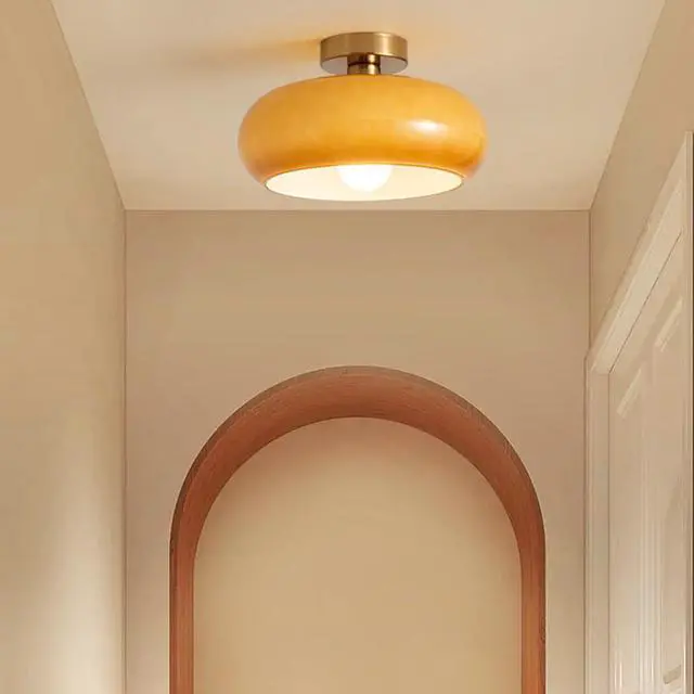 Alt view image 5 of 7 - Orange Ceiling Lamp Milk Glass Flush Mount Ceiling Light Fixture Brushed Brass with Round Dome Glass Shade Mid Century Modern Ceiling Light for Bedroom Entryway Hallway Porch Foyer