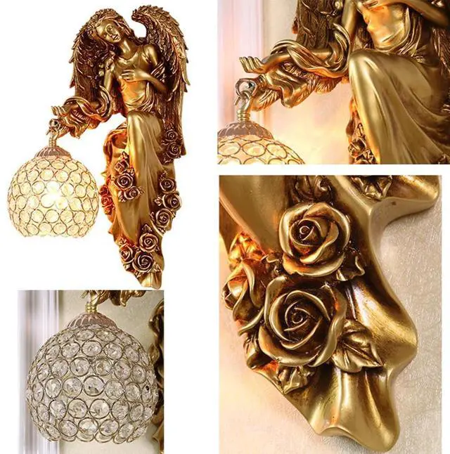 Alt view image 4 of 7 - Antique Gold Wall Sconce Vintage Wall Lights Unique Left and Right Angel Resin Shape Retro Sconces with Baroque Crystal Shade Modern Wall Mount Lamp for Bedroom Living Room Hotel