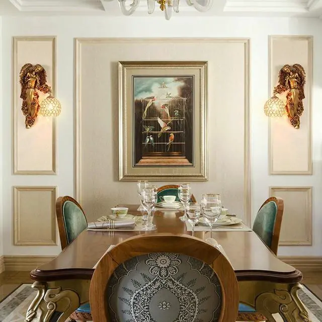 Alt view image 5 of 7 - Antique Gold Wall Sconce Vintage Wall Lights Unique Left and Right Angel Resin Shape Retro Sconces with Baroque Crystal Shade Modern Wall Mount Lamp for Bedroom Living Room Hotel
