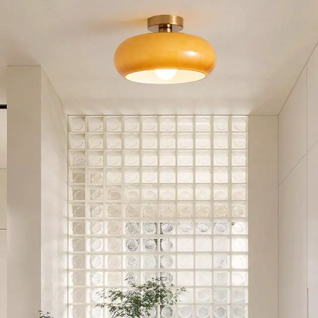 Alt view image 7 of 7 - Orange Ceiling Lamp Milk Glass Flush Mount Ceiling Light Fixture Brushed Brass with Round Dome Glass Shade Mid Century Modern Ceiling Light for Bedroom Entryway Hallway Porch Foyer