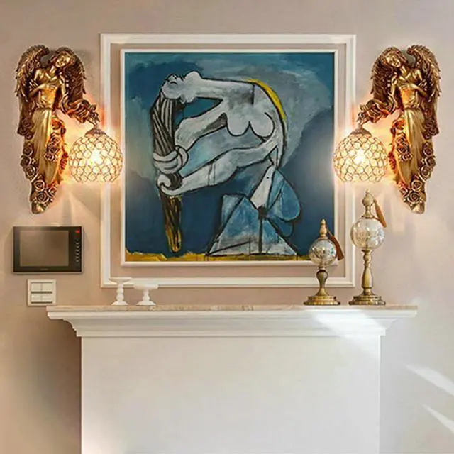 Alt view image 6 of 7 - Antique Gold Wall Sconce Vintage Wall Lights Unique Left and Right Angel Resin Shape Retro Sconces with Baroque Crystal Shade Modern Wall Mount Lamp for Bedroom Living Room Hotel