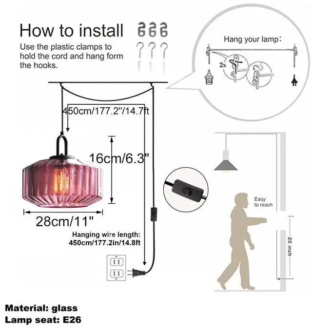 Alt view image 2 of 7 - Plug in Pendant Light Kitchen Pendant Lights mid mod Focal Decor Purple Glass Shade mid Century Modern Chandelier Ceiling Light with 14.7 ft Switch Cord for Living Dining Room Bedroom
