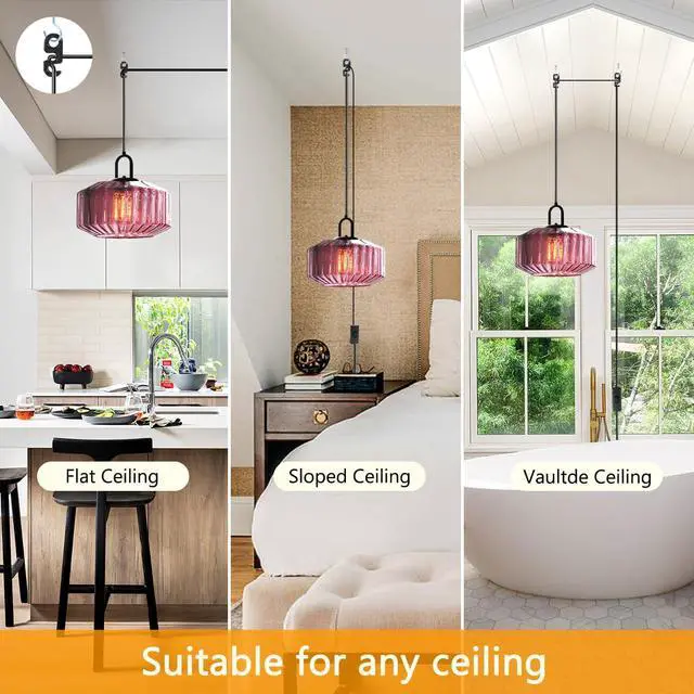 Alt view image 4 of 7 - Plug in Pendant Light Purple Glass Shade Vintage Hanging lamp | Plug in with 14.7 ft Cord On/Off Switch Industrial Pendant Light Bedroom Kitchen Hallway Living Room Lighting Fixture