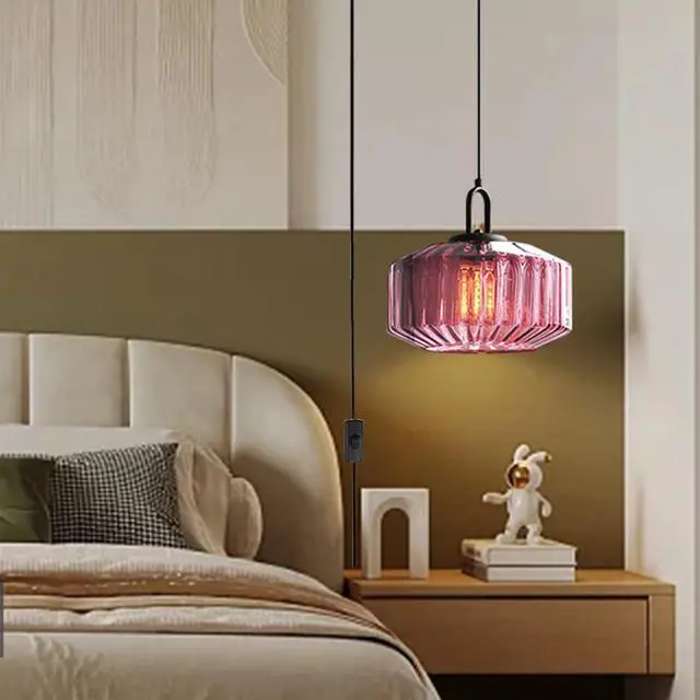 Alt view image 5 of 7 - Plug in Pendant Light Kitchen Pendant Lights mid mod Focal Decor Purple Glass Shade mid Century Modern Chandelier Ceiling Light with 14.7 ft Switch Cord for Living Dining Room Bedroom