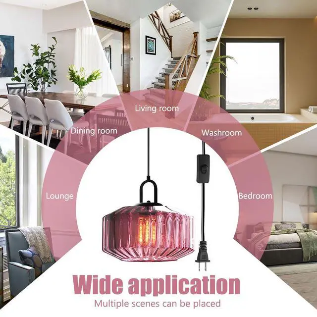 Alt view image 7 of 7 - Plug in Pendant Light Purple Glass Shade Vintage Hanging lamp | Plug in with 14.7 ft Cord On/Off Switch Industrial Pendant Light Bedroom Kitchen Hallway Living Room Lighting Fixture
