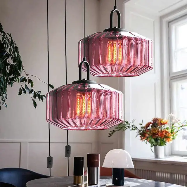 Alt view image 6 of 7 - Plug in Pendant Light Kitchen Pendant Lights mid mod Focal Decor Purple Glass Shade mid Century Modern Chandelier Ceiling Light with 14.7 ft Switch Cord for Living Dining Room Bedroom