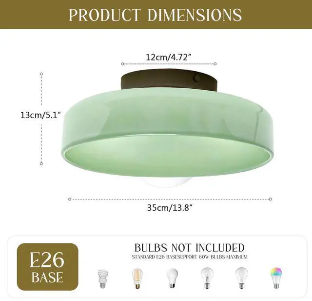 Alt view image 2 of 7 - Green Flush Mount Ceiling Light Fixture Mid Century Modern Dome Glass Ceiling Lamp Black Metal E26 Hardwired Lighting Fixture Flush Mount Lamp for Hallway Bedroom Entrance Garage