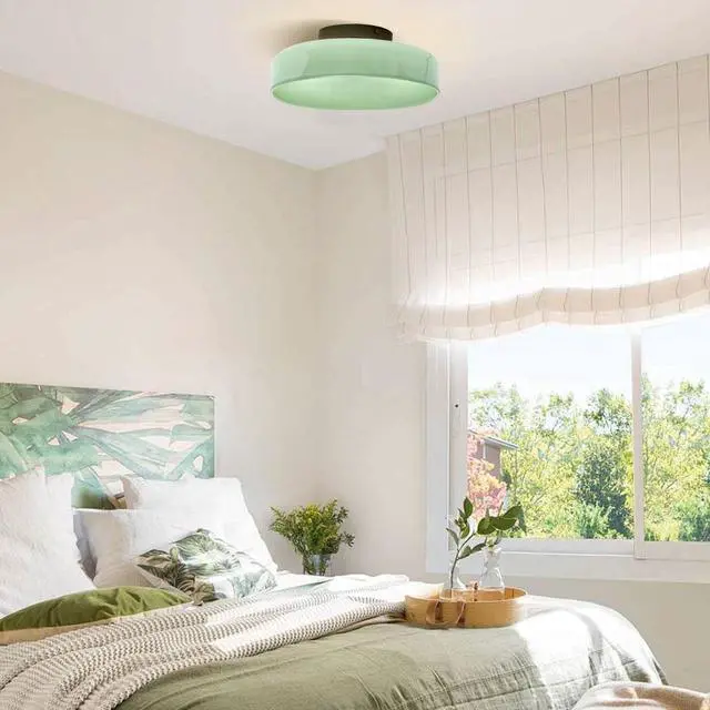 Alt view image 3 of 7 - Green Flush Mount Ceiling Light Fixture Mid Century Modern Dome Glass Ceiling Lamp Black Metal E26 Hardwired Lighting Fixture Flush Mount Lamp for Hallway Bedroom Entrance Garage