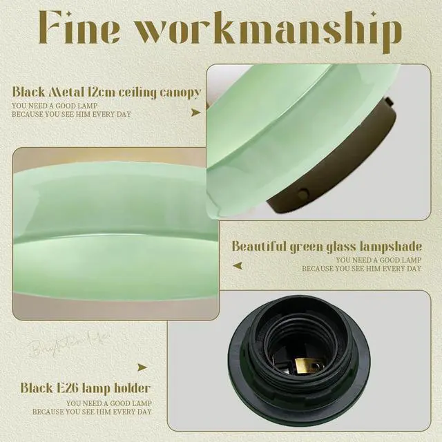 Alt view image 4 of 7 - Green Flush Mount Ceiling Light Fixture Mid Century Modern Dome Glass Ceiling Lamp Black Metal E26 Hardwired Lighting Fixture Flush Mount Lamp for Hallway Bedroom Entrance Garage