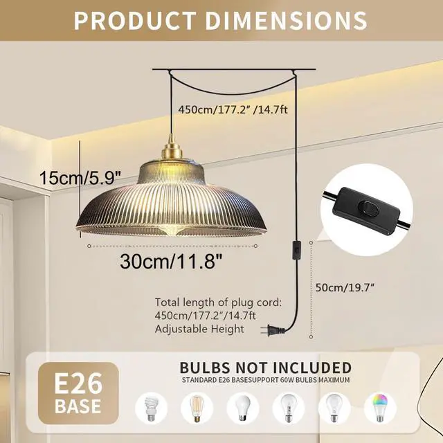 Alt view image 2 of 7 - Glass Hanging Lamps Plug in Pendant Lights Cord Vintage Modern Hanging Lamp Smoky Grey Dome Shade Gold Brass Hanging Lamp Mid Century Plug in Ceiling Light Fixture Kitchen Sink