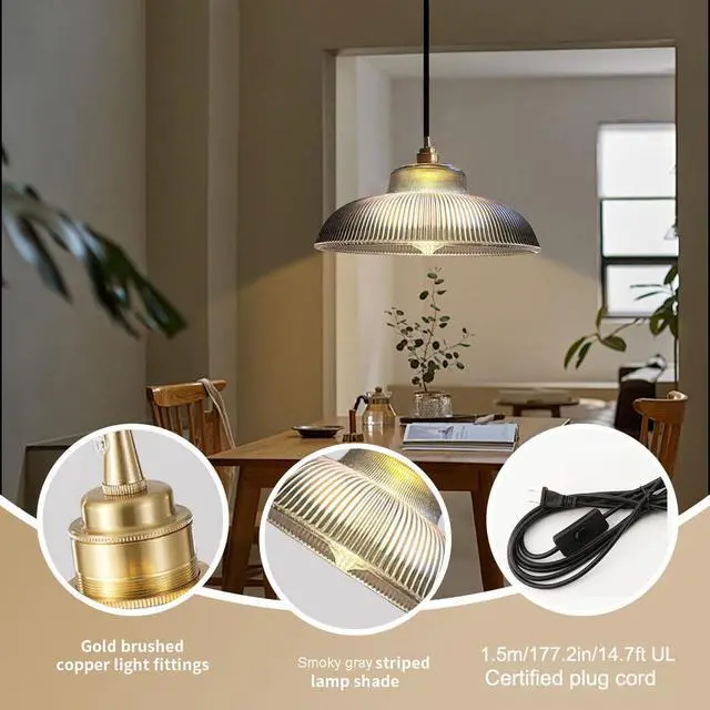 Alt view image 3 of 7 - Glass Hanging Lamps Plug in Pendant Lights Cord Vintage Modern Hanging Lamp Smoky Grey Dome Shade Gold Brass Hanging Lamp Mid Century Plug in Ceiling Light Fixture Kitchen Sink