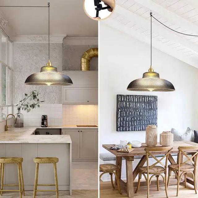 Alt view image 4 of 7 - Glass Hanging Lamps Plug in Pendant Lights Cord Vintage Modern Hanging Lamp Smoky Grey Dome Shade Gold Brass Hanging Lamp Mid Century Plug in Ceiling Light Fixture Kitchen Sink