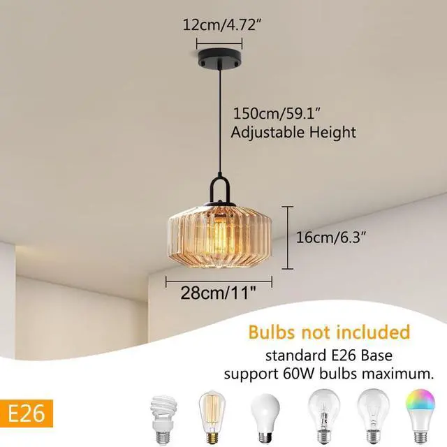 Alt view image 2 of 7 - Mid Century Pendant Light Vintage Glass Pendant Lamp Kitchen Island | 11 Round Lantern Globe Shade Amber Glass Lamp Large Art Deco Hanging Light for Dining Room Bedroom Hallway