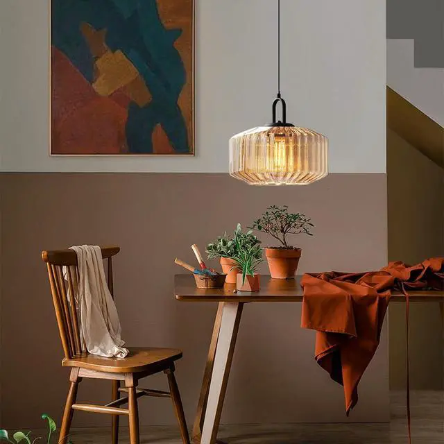 Alt view image 5 of 7 - Mid Century Pendant Light Vintage Glass Pendant Lamp Kitchen Island | 11 Round Lantern Globe Shade Amber Glass Lamp Large Art Deco Hanging Light for Dining Room Bedroom Hallway