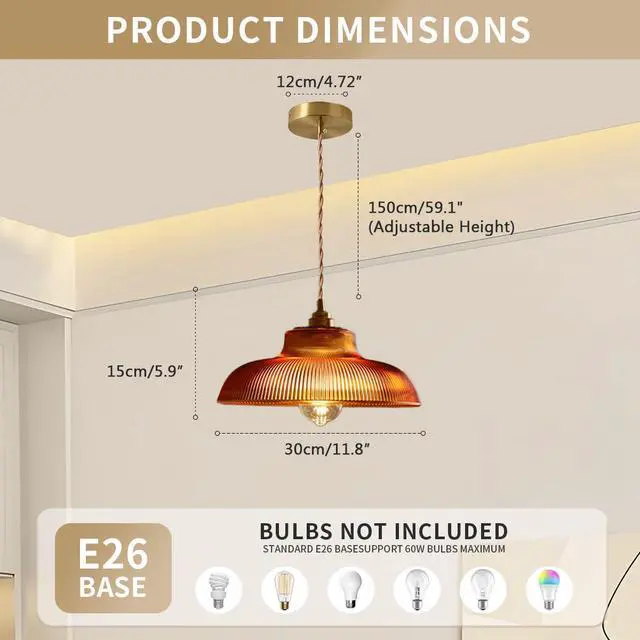 Alt view image 2 of 7 - Gold Glass Pendant Lights Kitchen Island Amber Hand Blown Glass Shade Modern Pendant Hanging Lighting Vintage Light Fixtures 1-Light Farmhouse Hanging Light for Hallway Dining Room