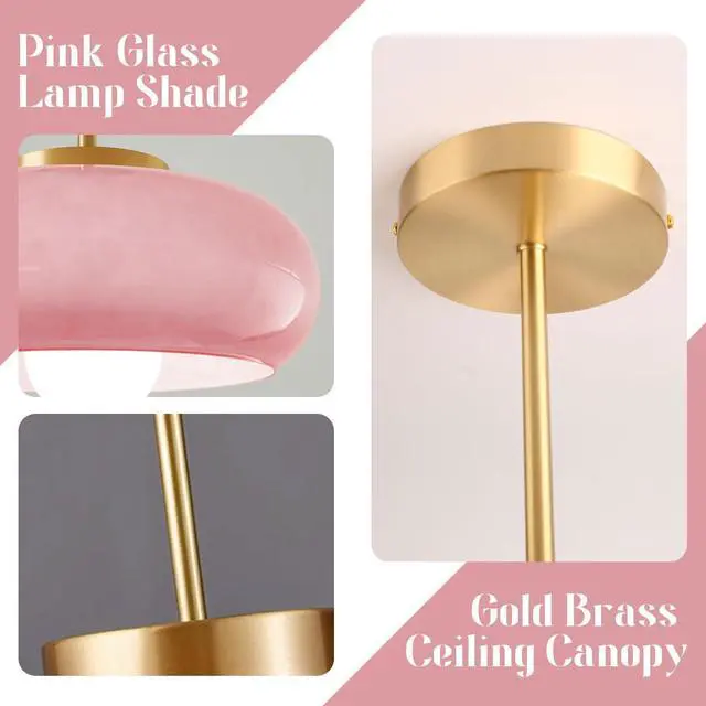 Alt view image 3 of 7 - Pink Ceiling Light Gold Modern Flush Mount Light Globe Semi Flush Mount Ceiling Light with Dome Glass Shade Mid Century Ceiling Lamp for Hallway Living Dining Room Entrance Bedroom (SemiFlush)