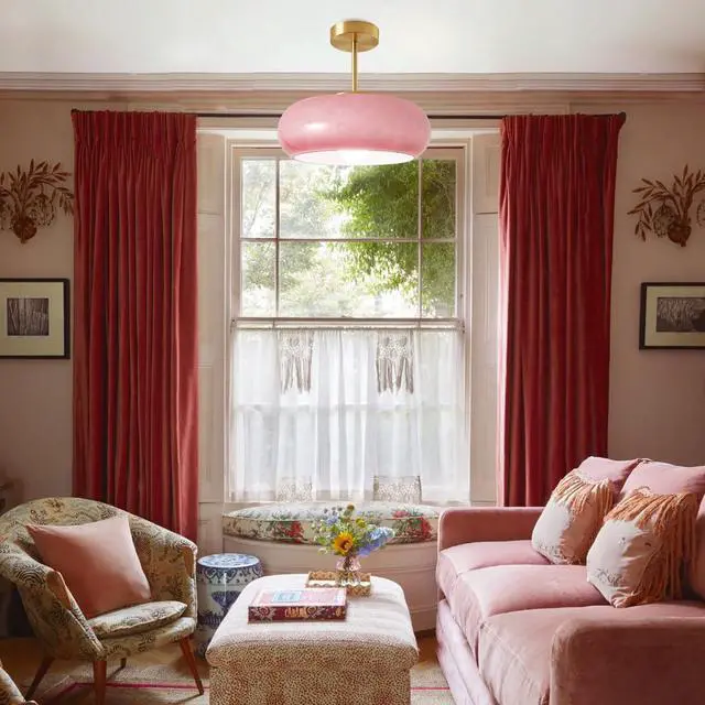 Alt view image 5 of 7 - Pink Ceiling Light Gold Modern Flush Mount Light Globe Semi Flush Mount Ceiling Light with Dome Glass Shade Mid Century Ceiling Lamp for Hallway Living Dining Room Entrance Bedroom (SemiFlush)