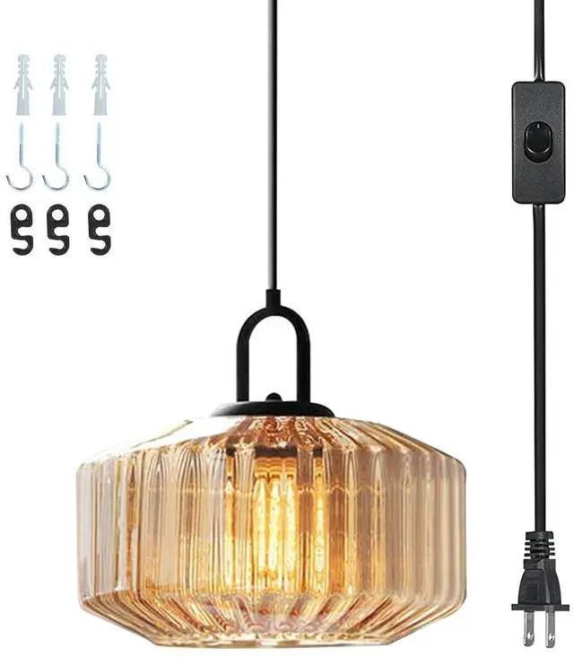Main image of Modern Plug-in Pendant Light Large Glass Hanging Lamp Amber Glass Shade Mid Century Vintage Hanging Light Plug in 14.7 ft Cord Adjustable Swag Ceiling Lighting Fixture for Living Room
