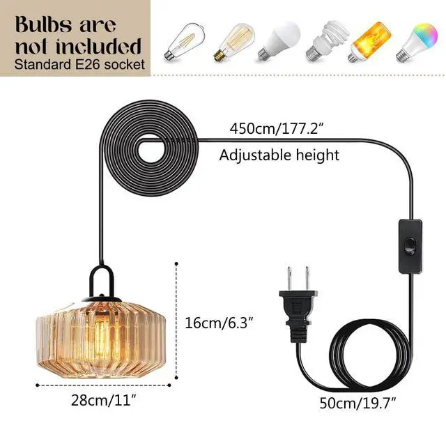 Alt view image 2 of 7 - Modern Plug-in Pendant Light Large Glass Hanging Lamp Amber Glass Shade Mid Century Vintage Hanging Light Plug in 14.7 ft Cord Adjustable Swag Ceiling Lighting Fixture for Living Room