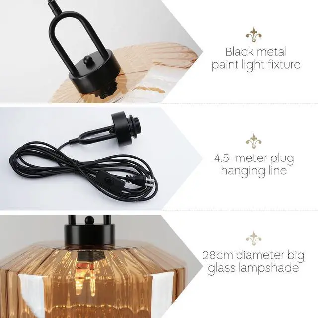 Alt view image 3 of 7 - Modern Plug-in Pendant Light Large Glass Hanging Lamp Amber Glass Shade Mid Century Vintage Hanging Light Plug in 14.7 ft Cord Adjustable Swag Ceiling Lighting Fixture for Living Room
