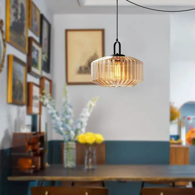Alt view image 4 of 7 - Modern Plug-in Pendant Light Large Glass Hanging Lamp Amber Glass Shade Mid Century Vintage Hanging Light Plug in 14.7 ft Cord Adjustable Swag Ceiling Lighting Fixture for Living Room