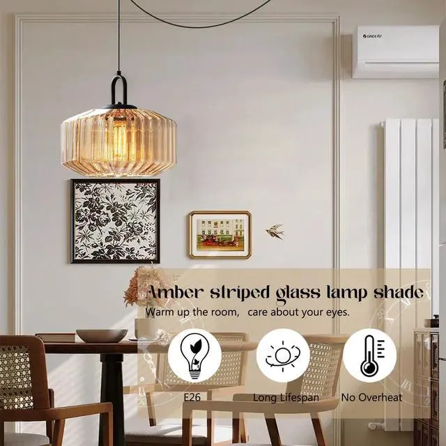 Alt view image 5 of 7 - Modern Plug-in Pendant Light Large Glass Hanging Lamp Amber Glass Shade Mid Century Vintage Hanging Light Plug in 14.7 ft Cord Adjustable Swag Ceiling Lighting Fixture for Living Room