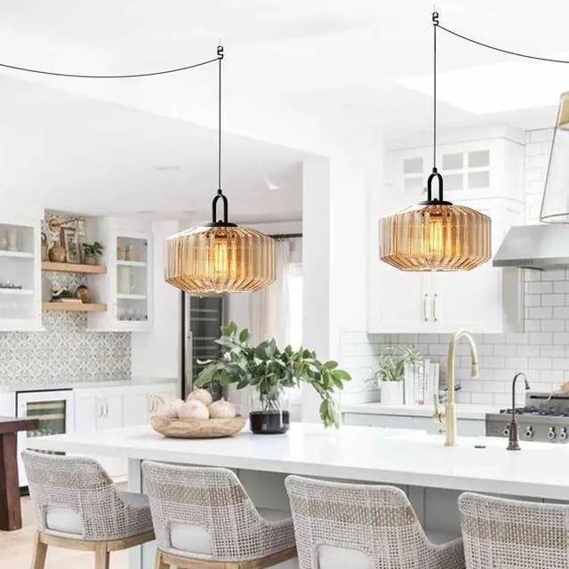 Alt view image 6 of 7 - Modern Plug-in Pendant Light Large Glass Hanging Lamp Amber Glass Shade Mid Century Vintage Hanging Light Plug in 14.7 ft Cord Adjustable Swag Ceiling Lighting Fixture for Living Room
