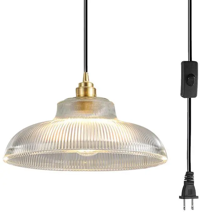 Main image of Plug in Vintage Hanging Lamp Pendant Light Fixtures with 14.7ft Corded Clear Dome Shade Gold Brushed Brass Hanging Light Plug in Cord Glass Pendant Lamp Retro Mid Century Ceiling Lamp
