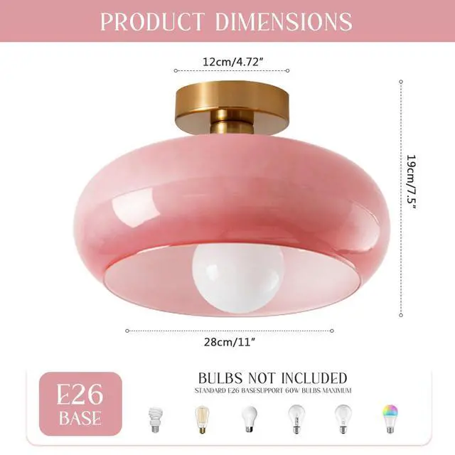 Alt view image 2 of 7 - 2-Lights Modern Flush Mount Ceiling Light Fixture Pink Glass Pendant Light with Dome Milk Shade Mid Century Close to Ceiling Lights Gold Brass Overhead Lighting for Entryway Hallway