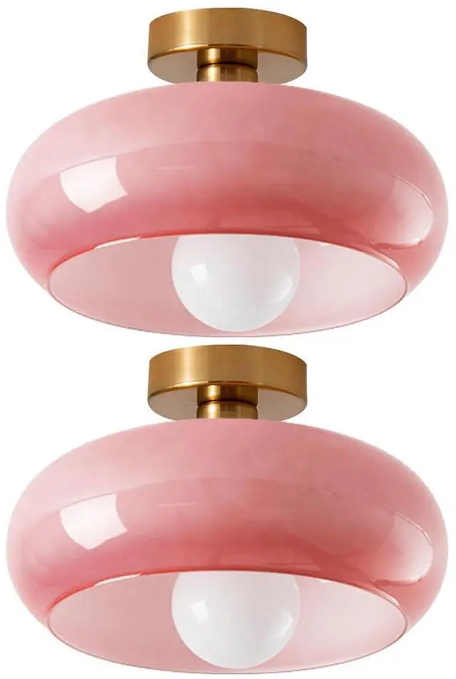 Main image of 2-Lights Modern Flush Mount Ceiling Light Fixture Pink Glass Pendant Light with Dome Milk Shade Mid Century Close to Ceiling Lights Gold Brass Overhead Lighting for Entryway Hallway